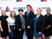 Alliance President and CEO Sarah Dash (left) with 2018 Alliance Annual Dinner Awardees. From left to right: Sarah Dash, Melanie Anne Egorin, Holly Harvey, Nick Uehlecke, Lori Wing-Heier, and Joseline Peña-Melnyk. Photo by Joy Asico.